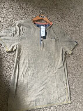 Buffalo David Bitton Short Sleeve Henley in Light Beige Stripe